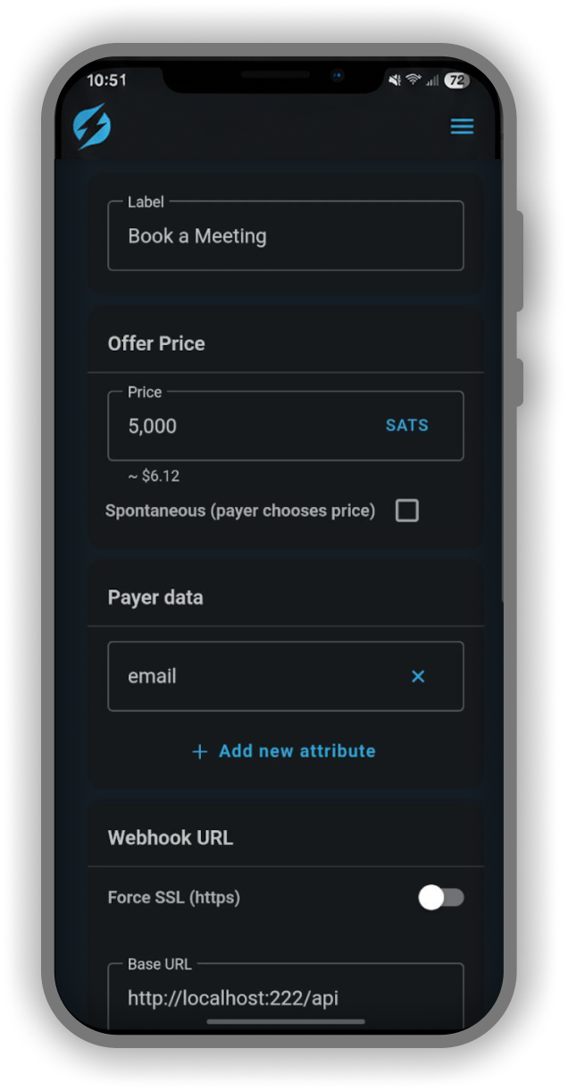 SHOCKWALLET offer setup using CLINK with webhooks, per-SKU tracking, and payer data fields